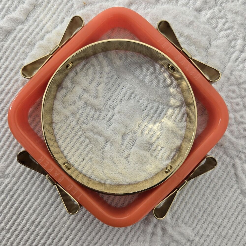 Ted Baker Lucite Square Bow Bangle Orange Acrylic Gold Hardware Designer Braclet